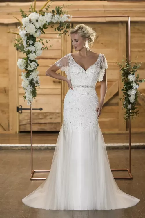 Beaded flutter sleeve shop wedding dress
